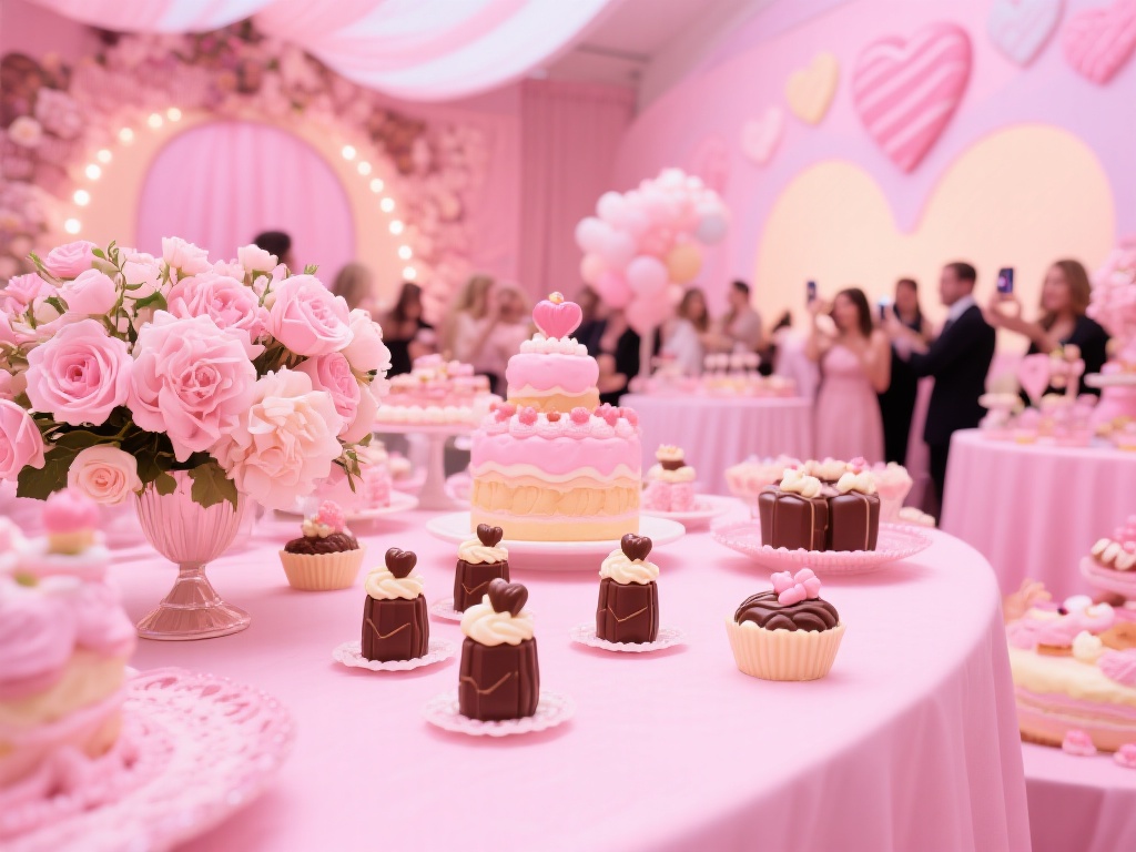 糖果派对梦幻唯美花球创意设计盛宴 案例分享:某甜品主题派对中,设计师使用了粉色色调的