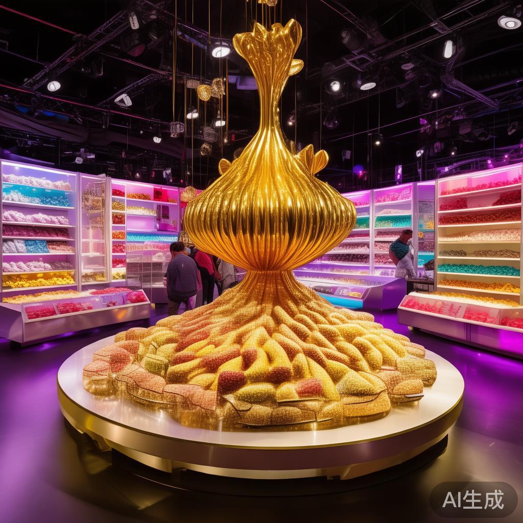 璀璨金糖果派对盛大开启,引爆甜蜜狂欢热潮! 派对现场采用环形布局,中心设有巨大“金色糖果”造型